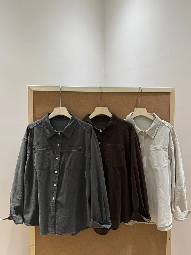 高级感灰色衬衫女春秋款复古打底叠穿内外搭宽松纯棉细灯芯绒衬衣