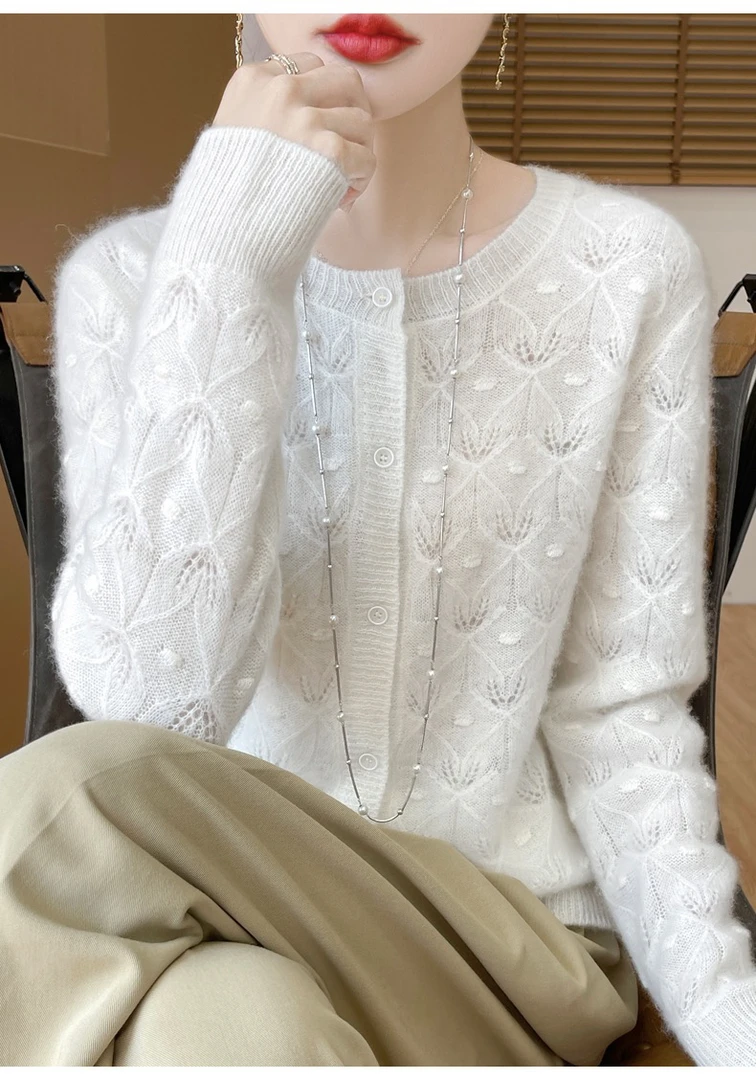 春夏时尚新款镂空圆领开衫纯羊毛显气质针织女开衫毛衣DMR281