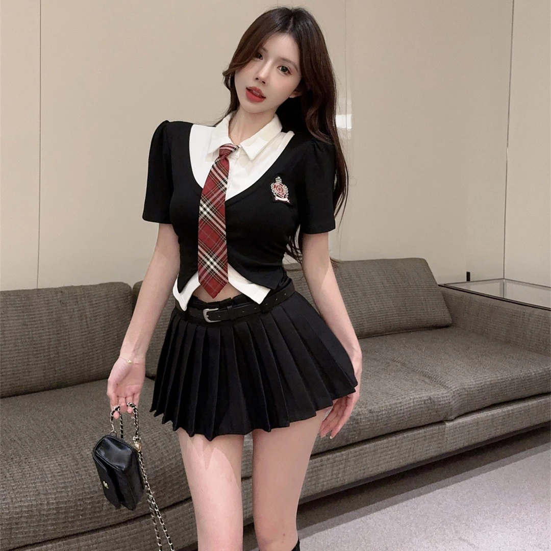 美式jk制服套装女夏季学院风甜辣短款假两件上衣高腰百褶裙两件套