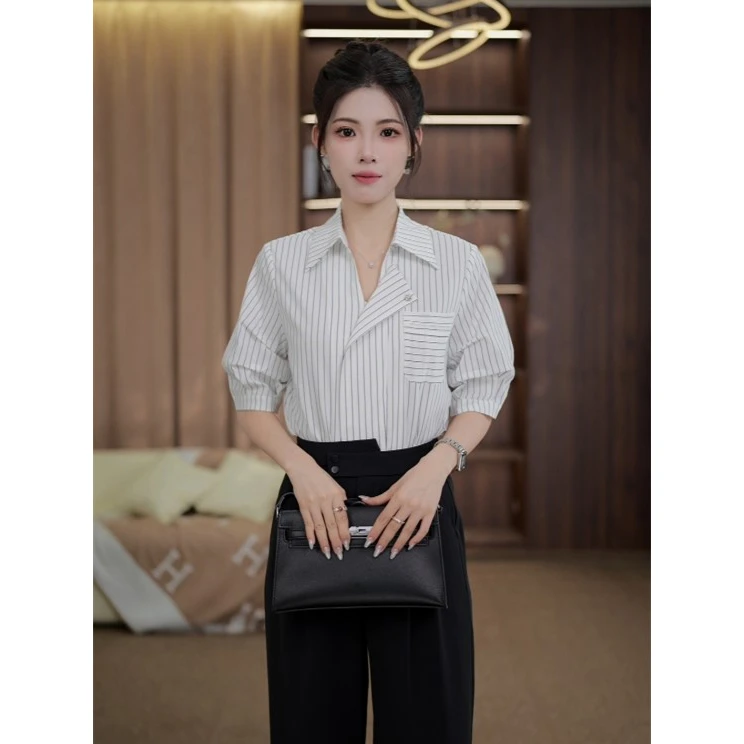 TITI定制【老钱格调】轻奢气质条纹短袖衬衫宽松显瘦上衣TZ1718062