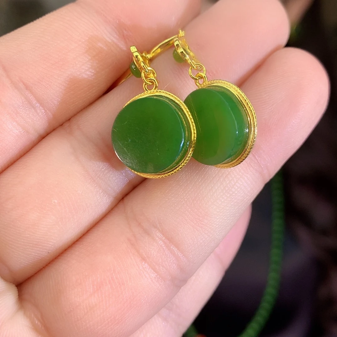 吊坠(不含链)银S925镶嵌和田玉（碧玉）耳饰