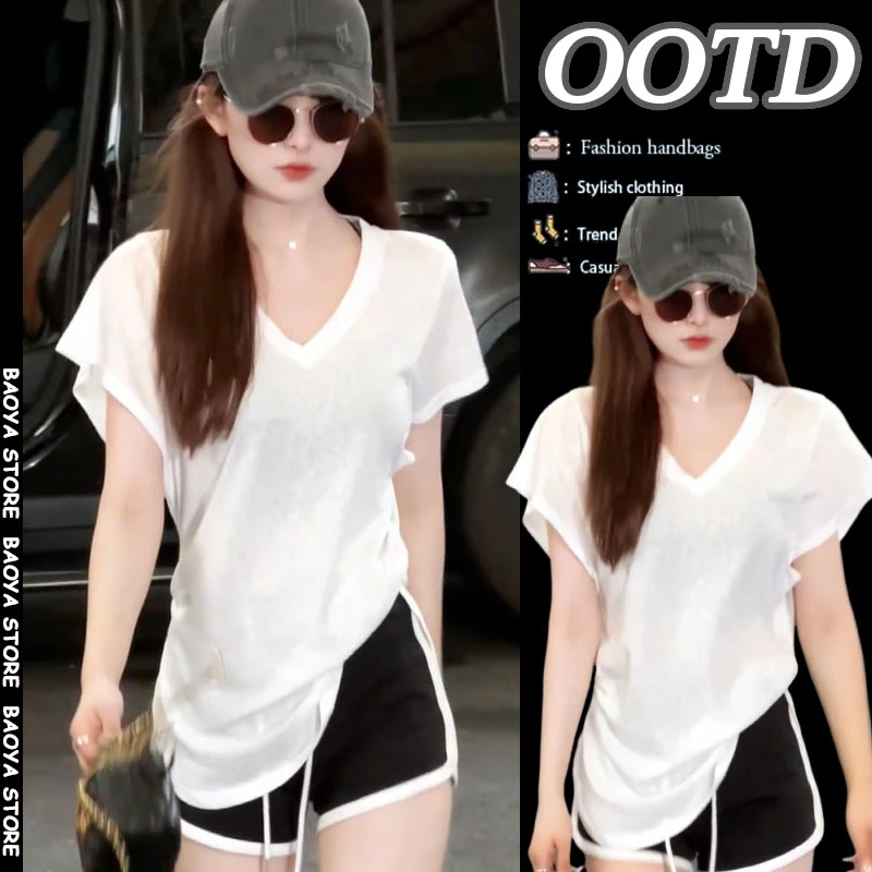 夏季穿搭一整套2025新款韩系性感纯欲辣妹v领上衣休闲短裤两件套