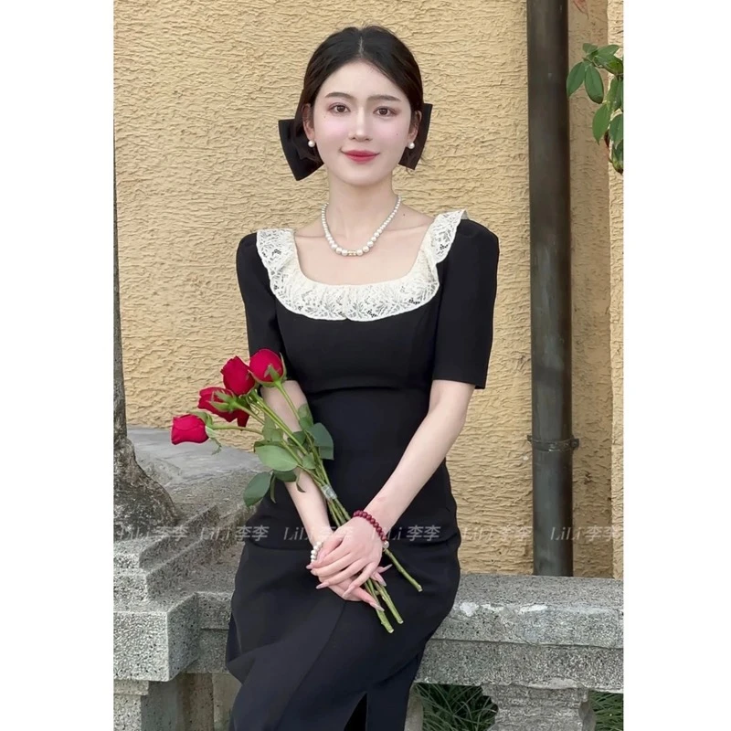 2025夏季新款瑰丽情书夏季法式赫本风修身蕾丝显瘦小黑裙