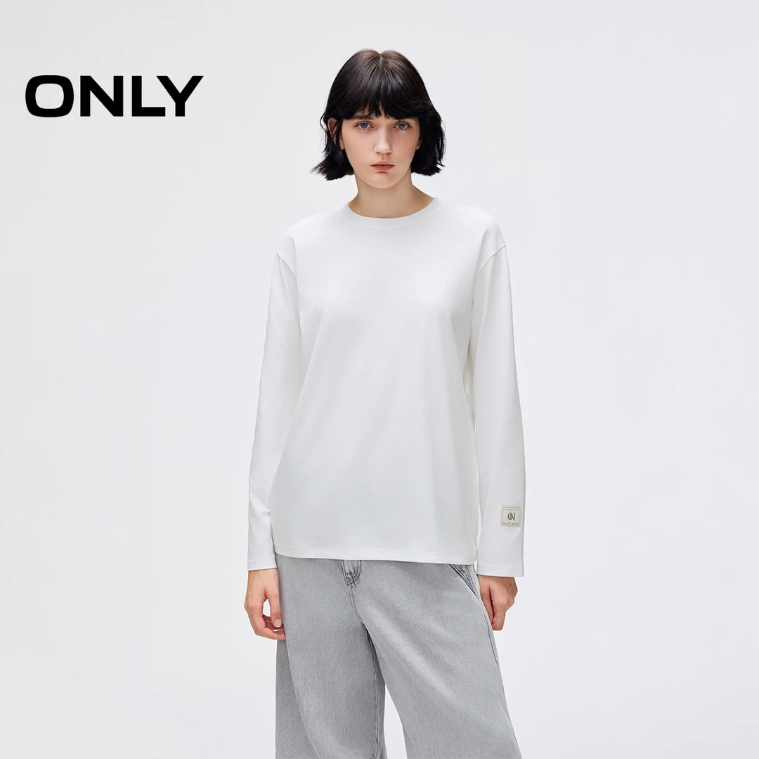ONLY2025秋季新款简约基础圆领长袖纯白宽松打底T恤女|125402003