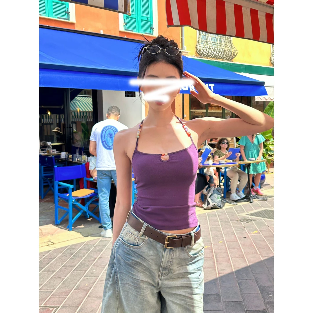 '琉璃贝壳'印花/纯色挂脖背心夏季修身显瘦辣妹性感上衣女