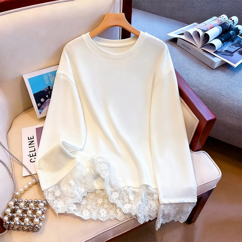白色蕾丝拼接德绒时尚长袖磨毛卫衣女秋冬季新款中长款打底衫上衣