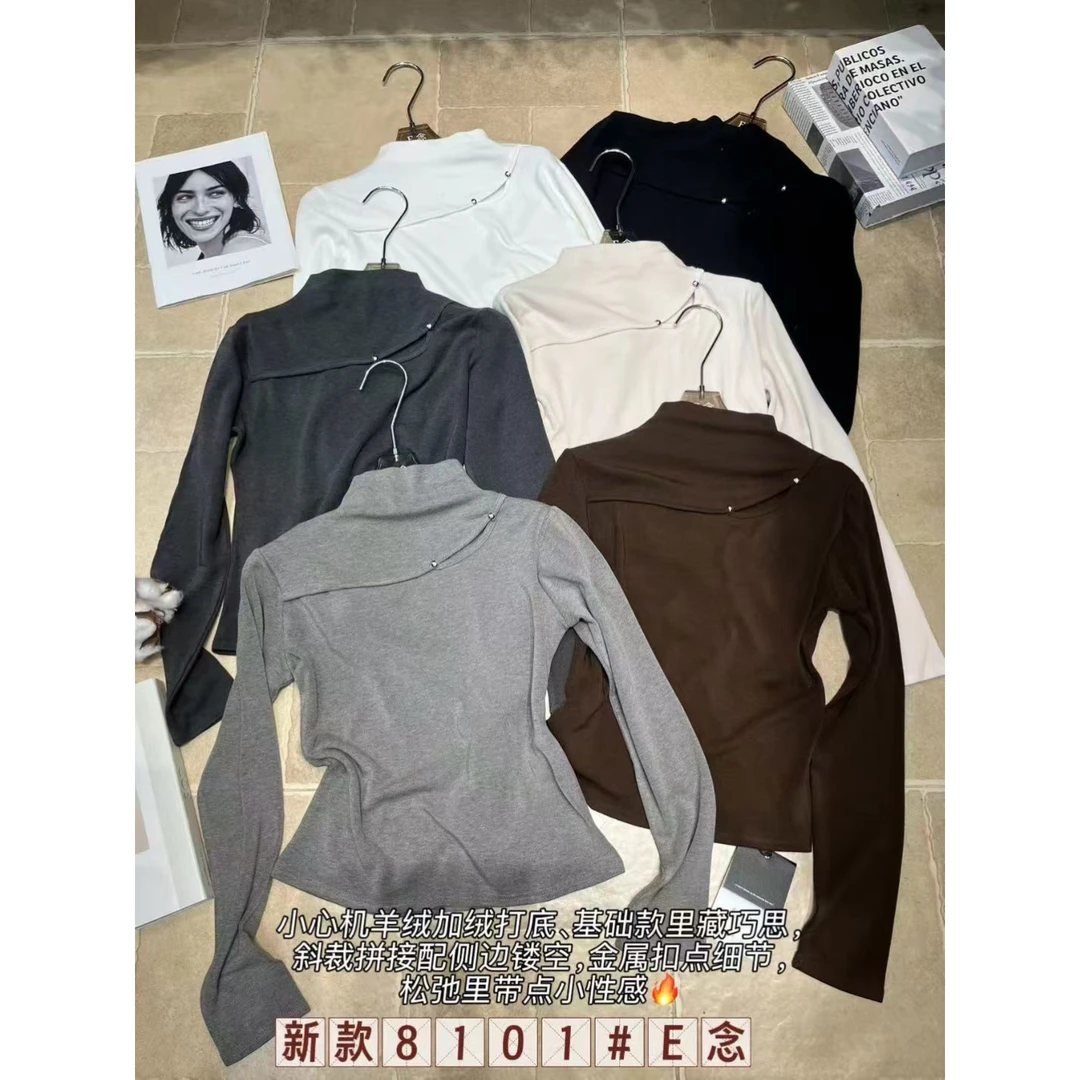 E念8101设计拼接镂空加薄绒长袖秋冬新款百搭别致高领打底衫上衣