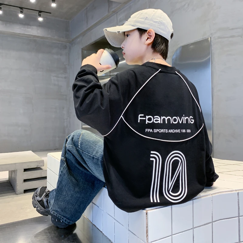 男童黑色卡绳字母卫衣春秋款2025新款儿童休闲百搭打底上衣中大童