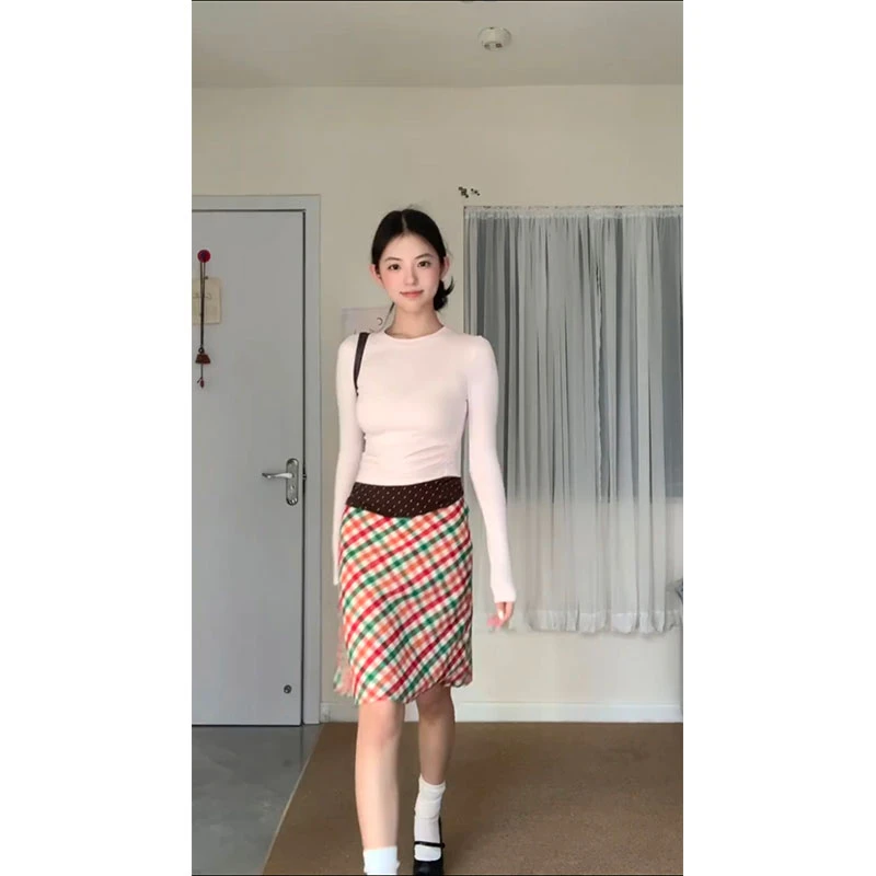 2026春季新款韩系时尚百搭长袖圆领纯色上衣配修身显瘦气质半身裙