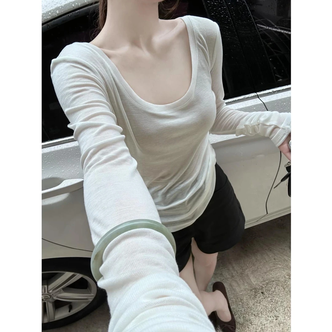 辣妹大圆领长袖打底衫女软糯羊绒短款秋冬季2025显瘦微透长袖T恤