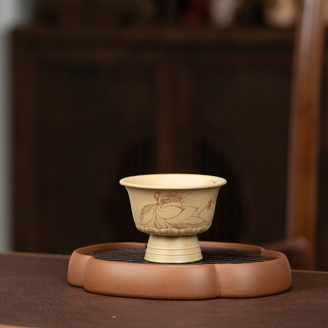 【利贞l以荷为贵高脚杯】李建军制 原矿本山绿泥 约80cc 紫砂主人杯