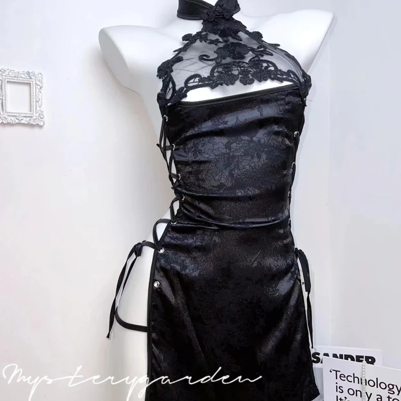 秒杀性感旗袍绑带高叉纯欲黑色蕾丝