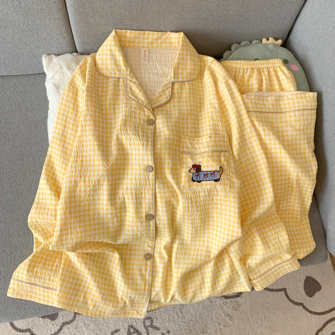 【清仓云朵棉纱】腊肠狗睡衣女款春秋季长袖长裤格子卡通家居服套装