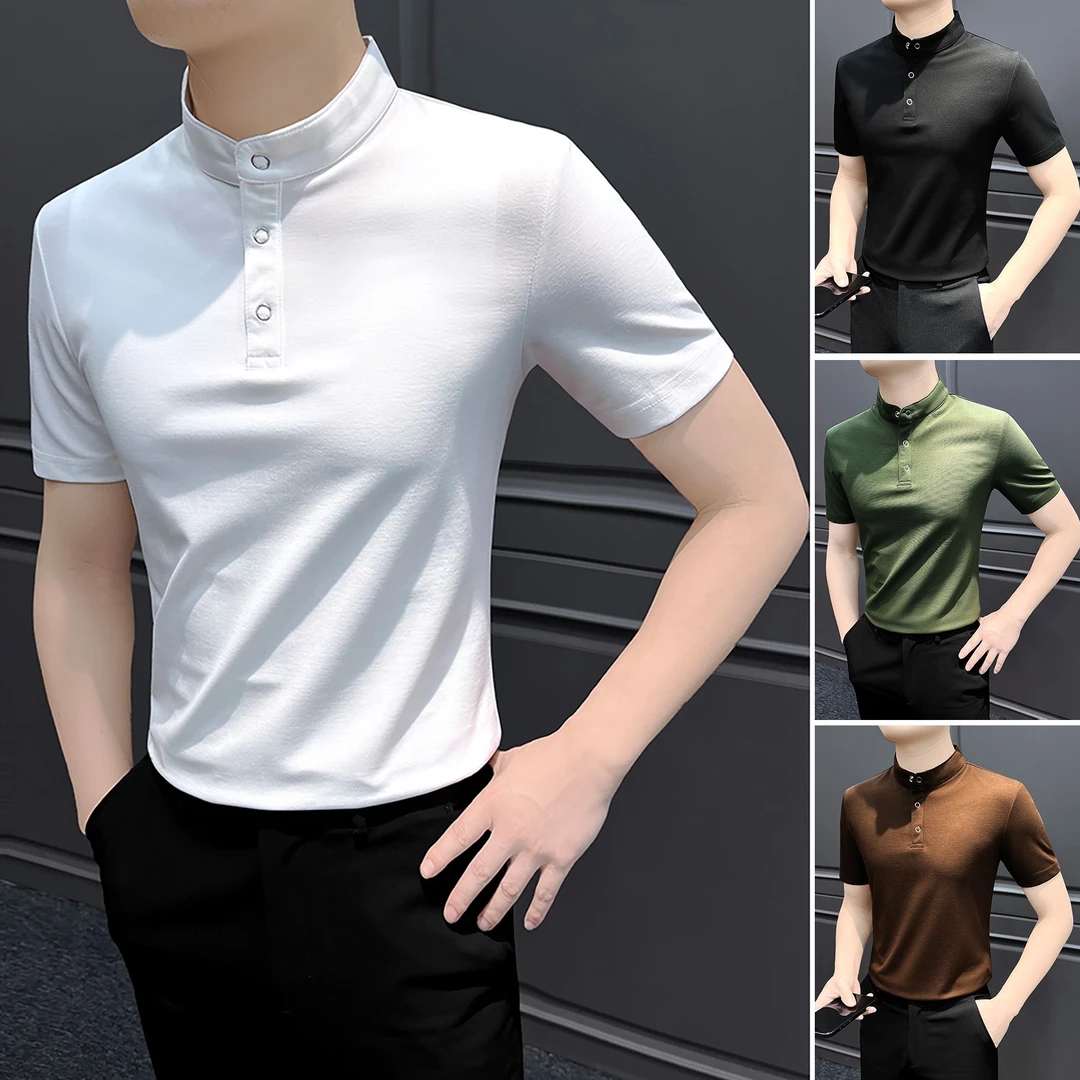 新中式立领Polo衫男款短袖痞帅高级感男装秋季2025新款男士白T恤