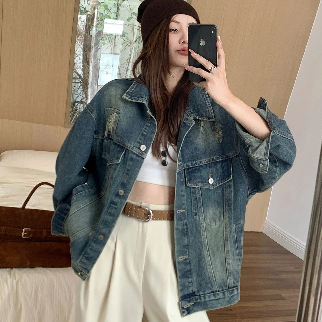 A922直下摆女短外套压褶收腰牛仔外套休闲牛仔衣女装破洞时尚韩版