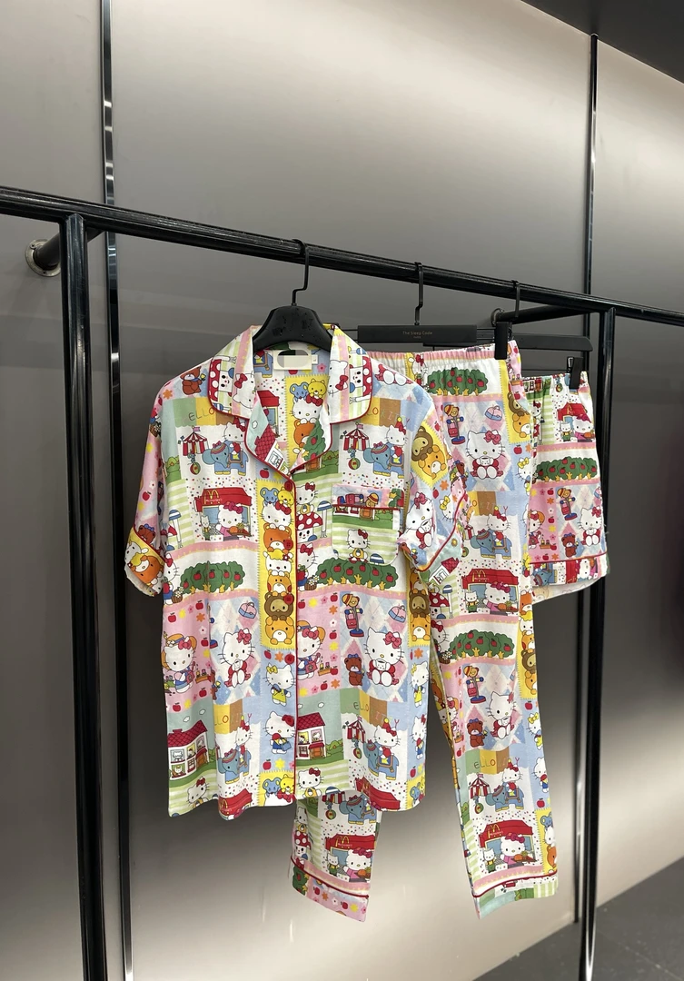 【kitty总动员-短袖三件套-纯棉】 夏款潮牌短袖薄棉质居家服睡衣