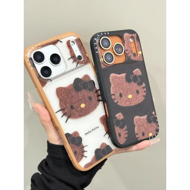 秋冬仿毛绒黑皮kitty手机壳适用苹果17promax/16可爱防摔涂鸦拼接