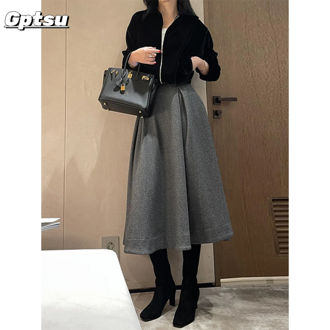 GPTSu高端毛呢半身裙女士秋冬新款高腰A字伞裙小个子百褶包臀裙子