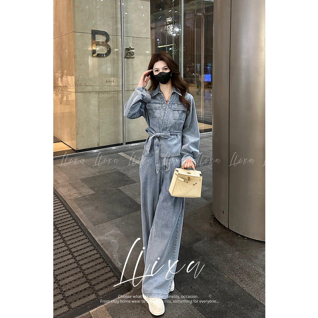 Liixu2025春季新款气质收腰牛仔套装外套女阔腿裤两件套L51TZ041