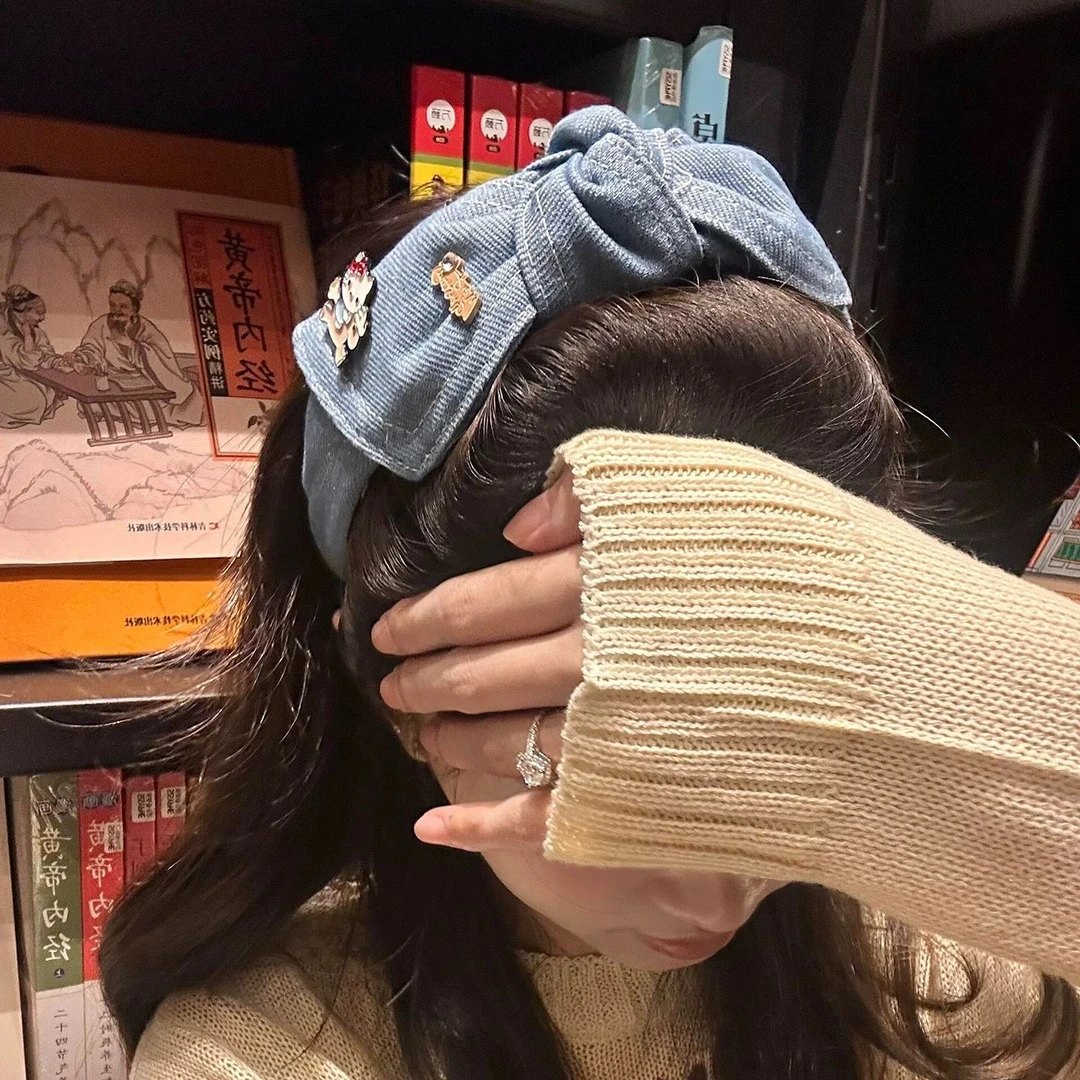 韩系复古kt蝴蝶结牛仔布艺发箍女高颅顶气质头箍发饰发卡压发头饰