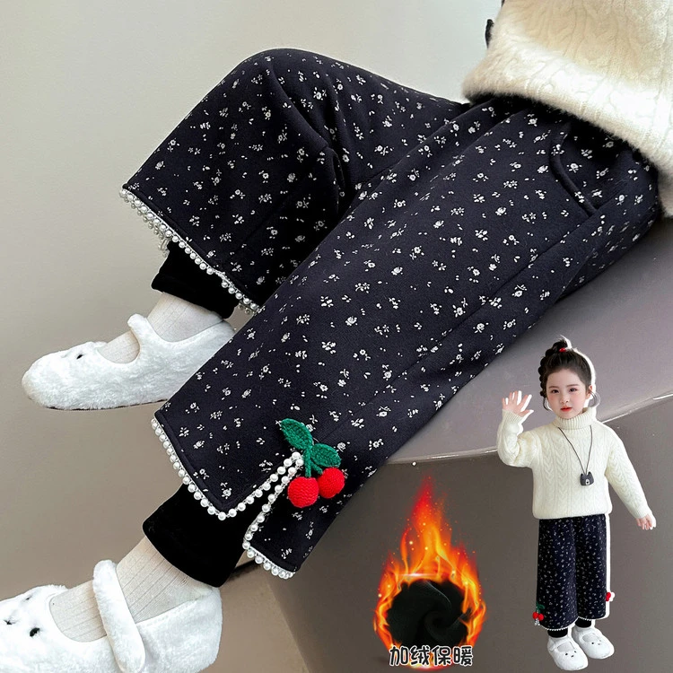 女童假两件加绒裤子冬季2026新款儿童超好看碎花束脚裤宝宝休闲裤