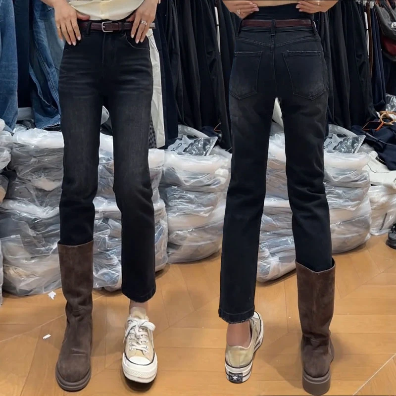 2025秋季新款弹力修身直筒牛仔裤大码高腰显瘦百搭复古九分烟管裤
