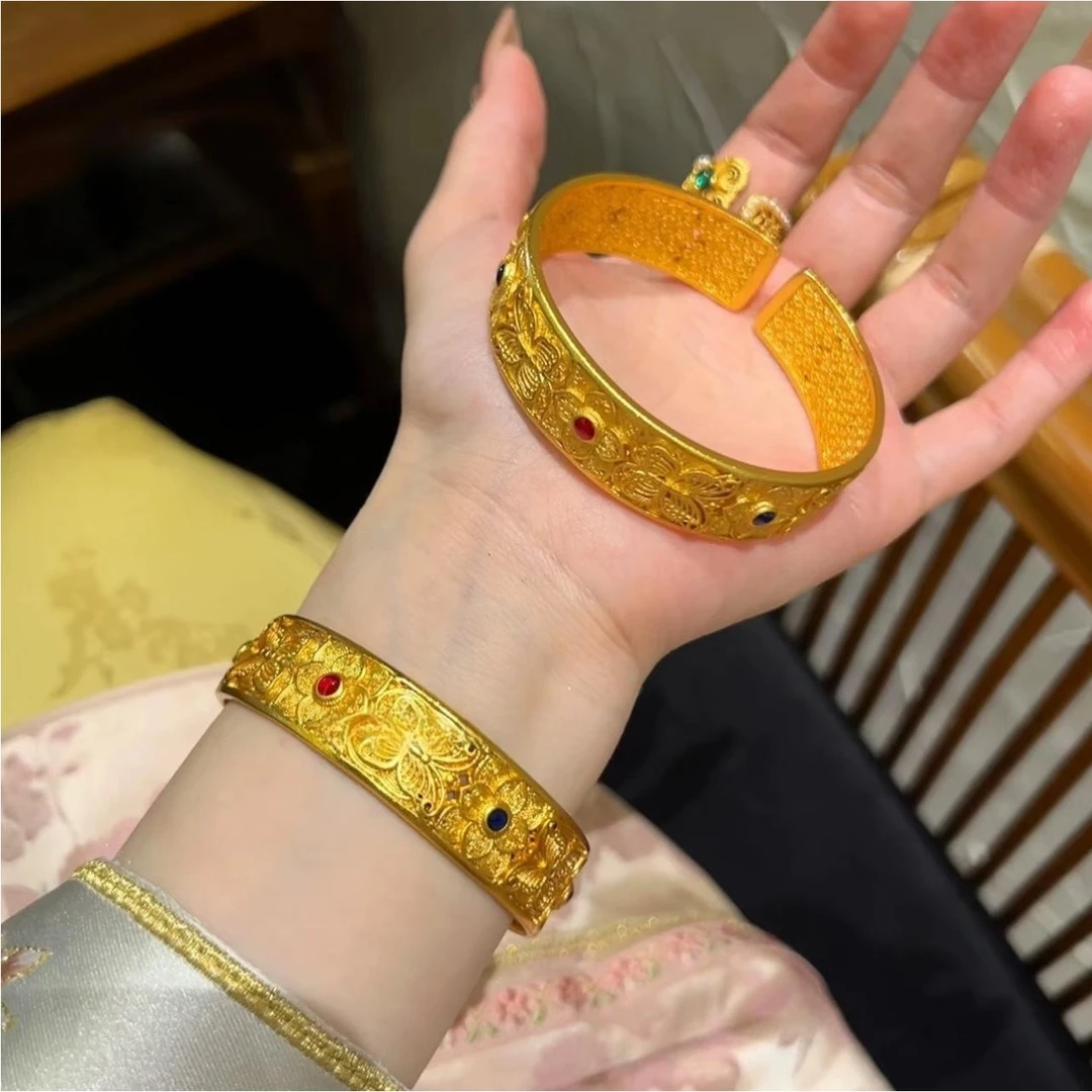 【矿金手工制作】宽面花丝蝶恋花手镯镂空錾刻蝴蝶花镯复古宫廷风