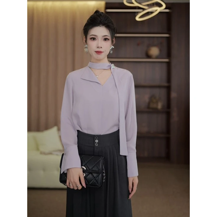 TITI定制【微醺紫鸢】轻奢气质飘带简约时尚长袖衬衫女TZ1717325