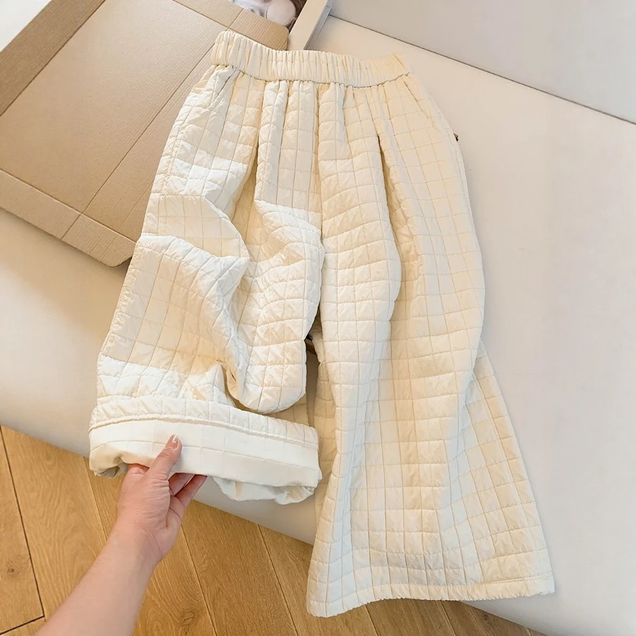 菱格夹棉保暖九分阔腿裤女2025秋冬新款梨形身材宽送显瘦休闲裤子