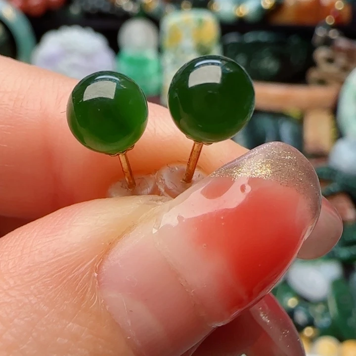 和田玉耳钉18K金镶嵌天然A货81