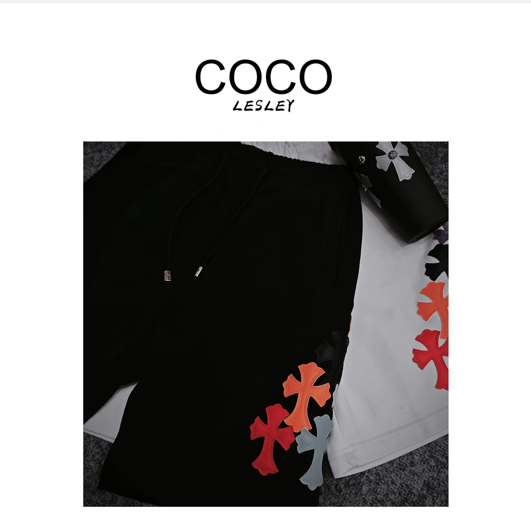 【COCO LESLEY】2025夏季纯棉梵文刺绣十字架贴皮男女五分短裤D02