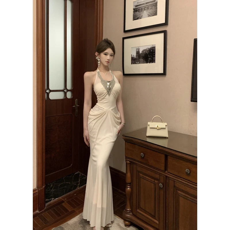 重工钉珠挂脖连衣裙女装性感蕾丝拼接长裙子名媛风收腰鱼尾包臀裙