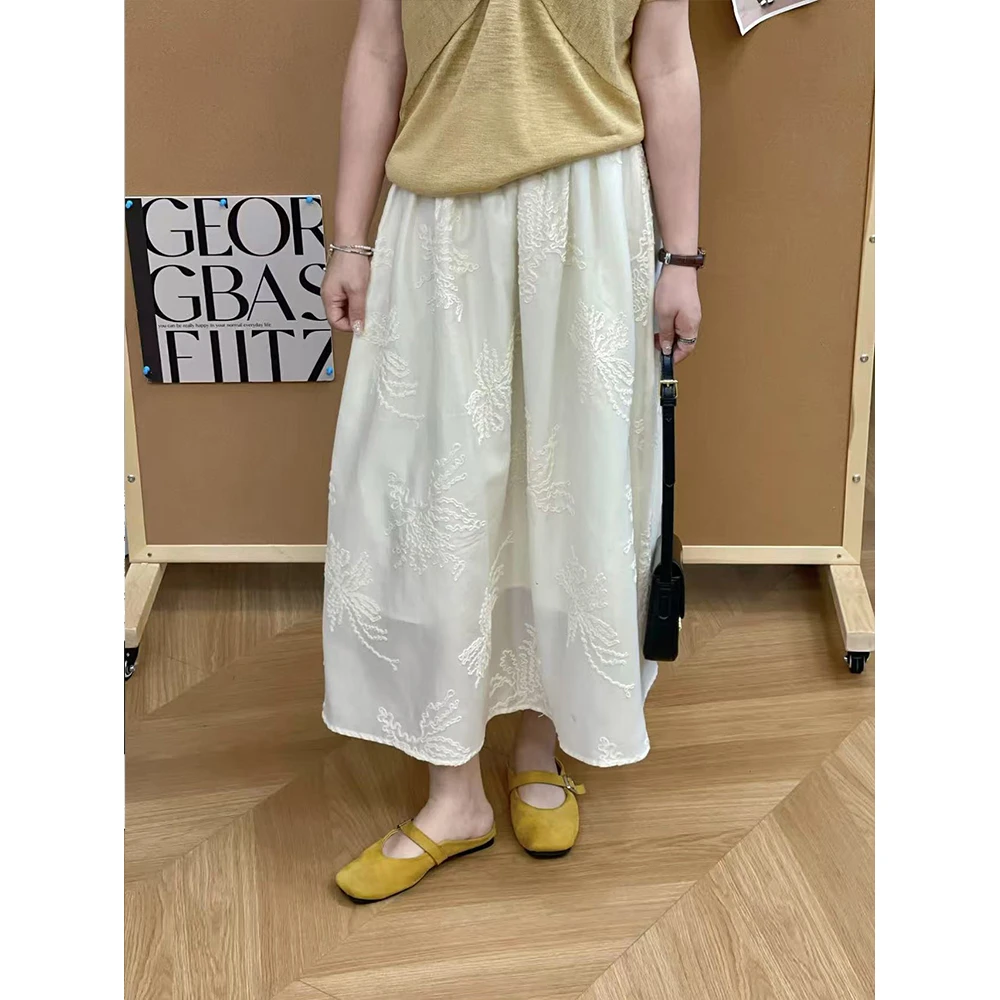 WenWen小个子韩系高级感轻薄A字裙高腰垂感休闲刺绣半身裙3942