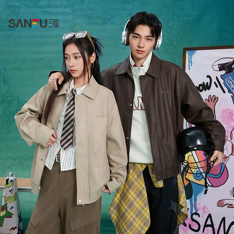 SANFU/三福25秋季男士字母刺绣PU皮衣夹克时尚宽松翻领上衣506290