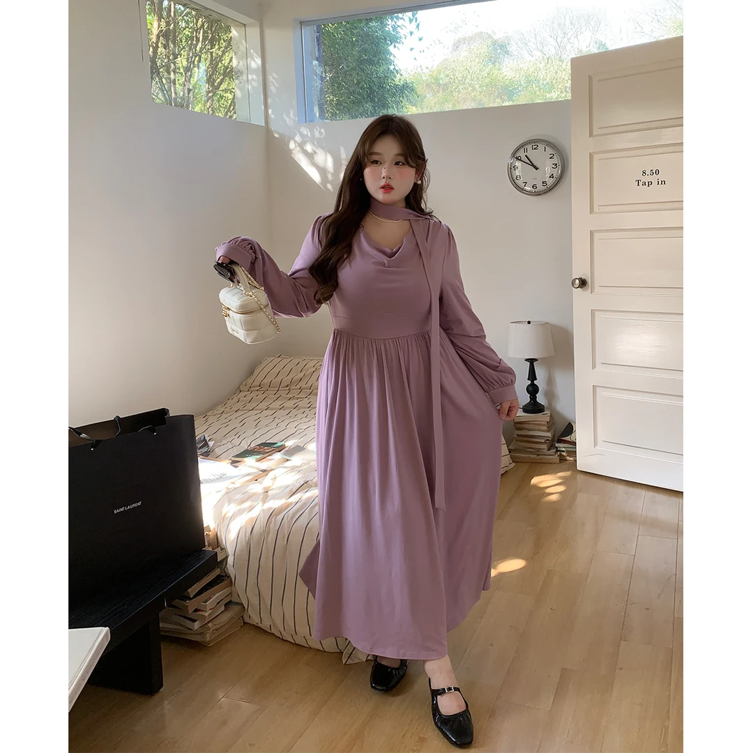 11徐达布【紫罗兰】大码紫色荡领连衣裙女高级感宽松长裙L29493C51