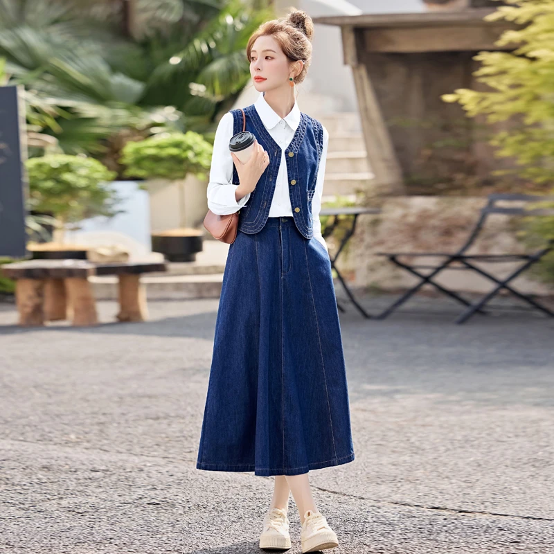 高端牛仔马甲三件套长裙春夏女新款气质时尚韩系高级感穿搭套装