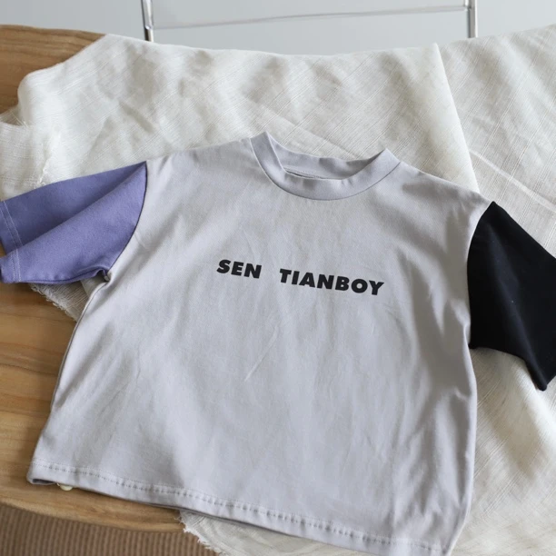 100-160儿童中大童男女韩版短袖字母灰蓝拼色T恤