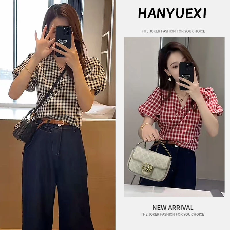 今年流行穿搭一整套2025新款格子短袖衬衫上衣宽松牛仔长裤两件套