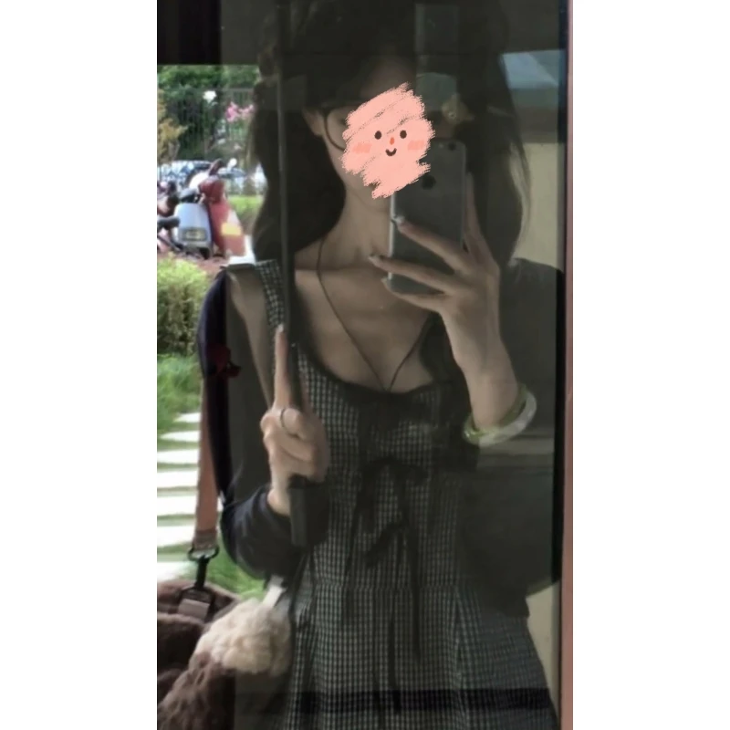 复古格纹无袖吊带连衣裙女早秋新款气质收腰a字短裙+长袖开衫外套