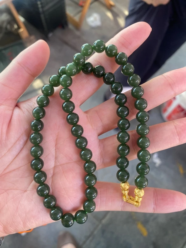 和田玉青海料老料湖水绿8mm妈妈链