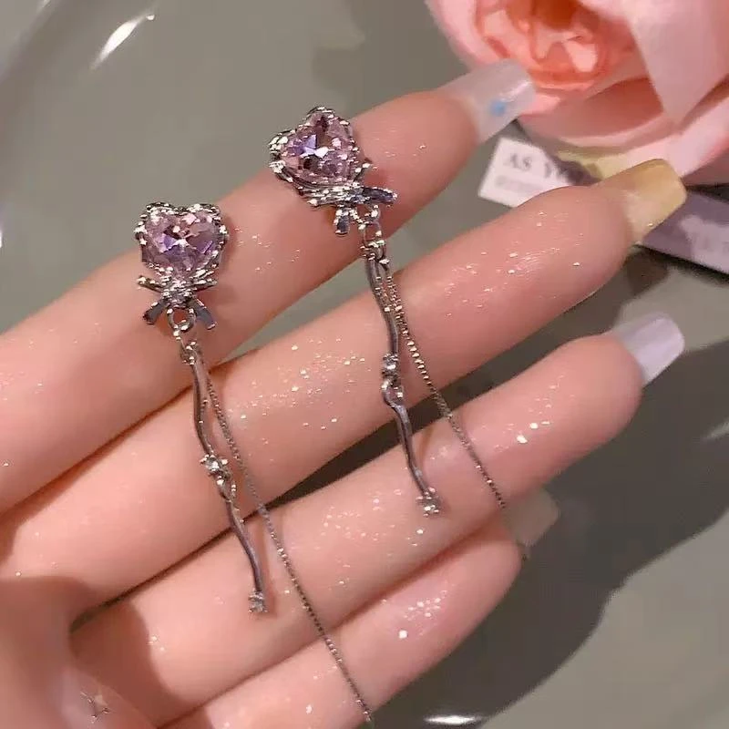 合金耳饰 c-1805爱心蝴蝶结流苏长款耳环小众设计超仙耳饰8190