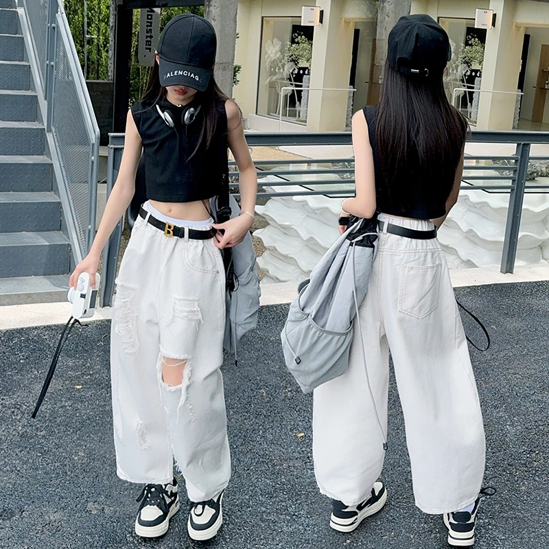 [专柜品质]女童夏款套装破洞牛仔裤女孩宽松哈伦裤直筒韩范裤潮酷