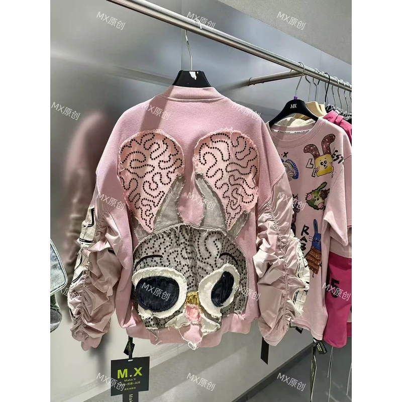 欧货【mx81316】重工亮片刺绣小猫棒球服外套女宽松时尚百搭休闲