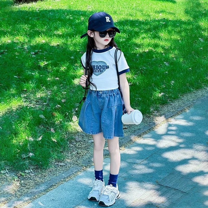 女童夏装套装2025新款童装衣服6-12岁潮款夏款儿童牛仔裙裤两件套