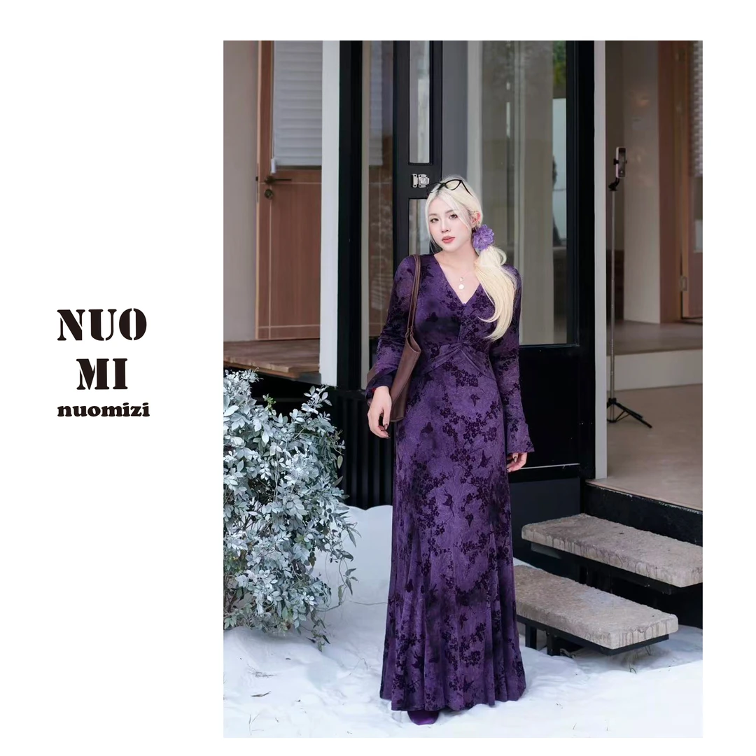 ZOZ糯米子[烟雨紫蒙]法式V领连衣裙高贵显瘦裙子秋冬款气质长裙