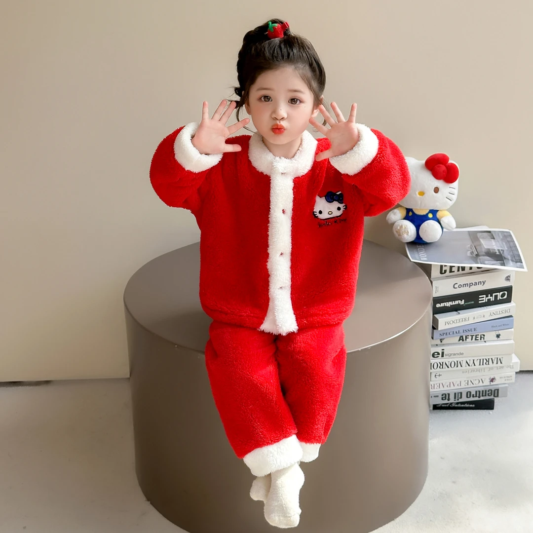 女童法兰绒睡衣套装秋冬加厚卡通女宝宝冬季珊瑚绒儿童保暖家居服