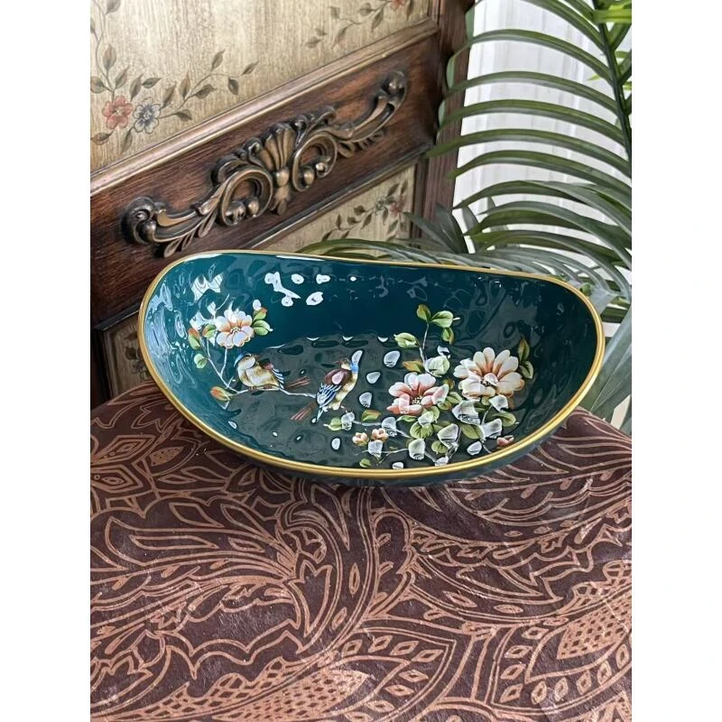 客厅元宝中号果碗墨绿花鸟