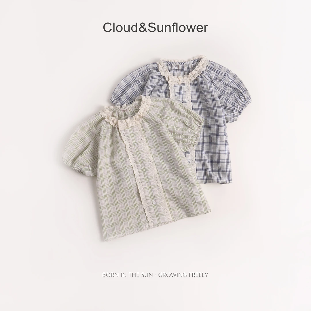 【云朵小葵】女童夏季格子蕾丝花边五粒扣休闲娃娃衫1113935