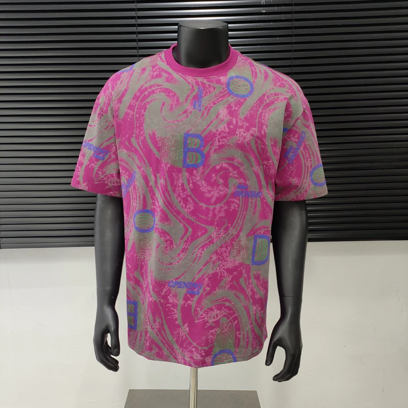 2025夏季新款高级感短袖T恤男美式潮牌花纹印花撞色雅痞宽松上衣