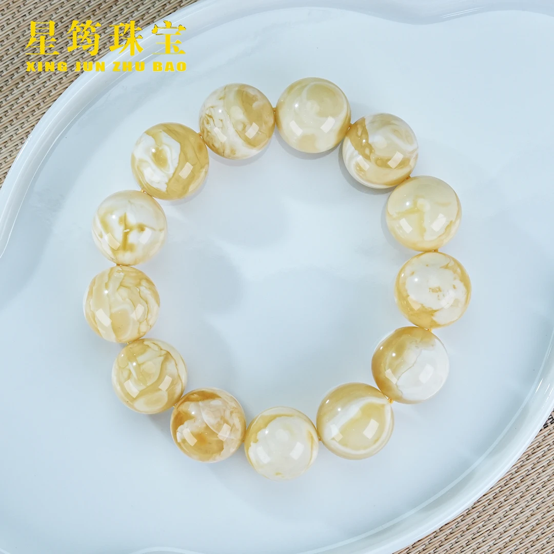 【星筠珠宝】7天然蜜蜡骨瓷白虎皮妖花圆珠手串18mm+珠宝玉石收藏